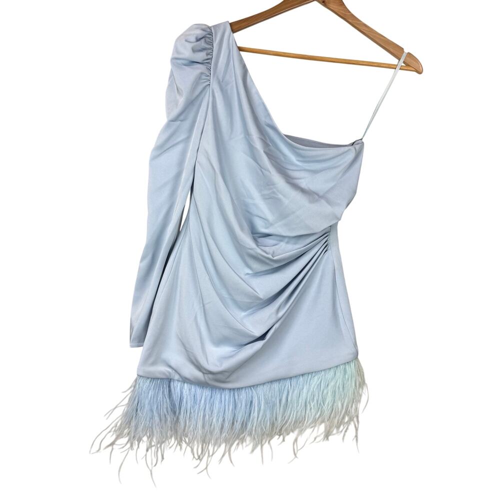 Mac Duggal NWT Feather Trim One Shoulder Draped Mini Dress Powder Blue Size 8 - Picture 3 of 10